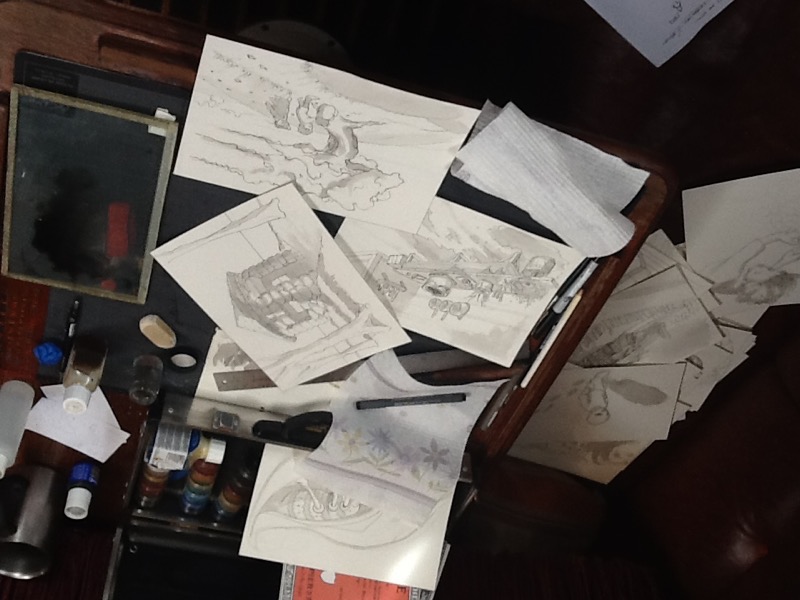 Painting workspace with watercolors